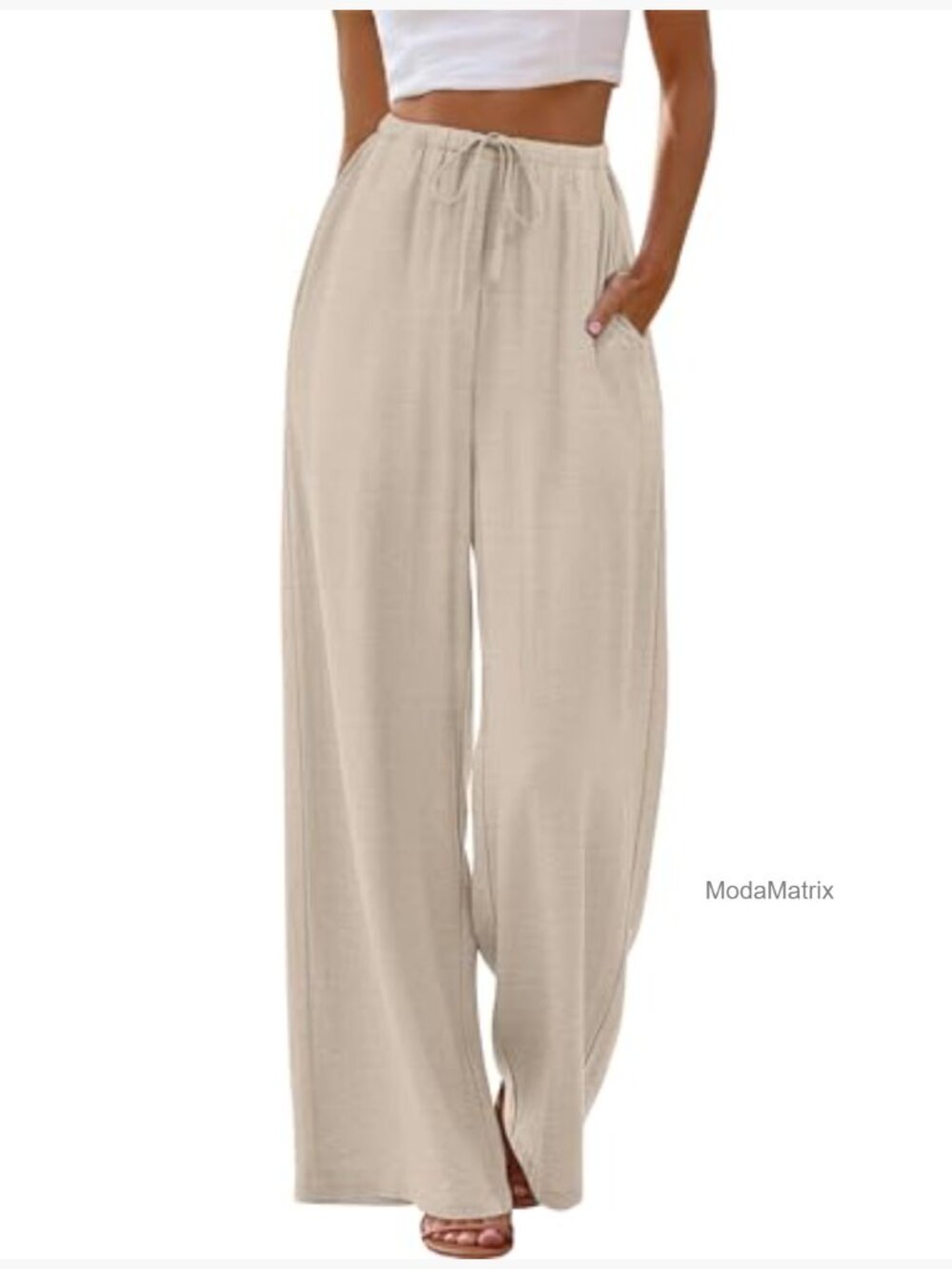 Wide Leg Palazzo Pants Drawstring Elastic Waist with Pockets Flowy Summer - Picture 2 of 7